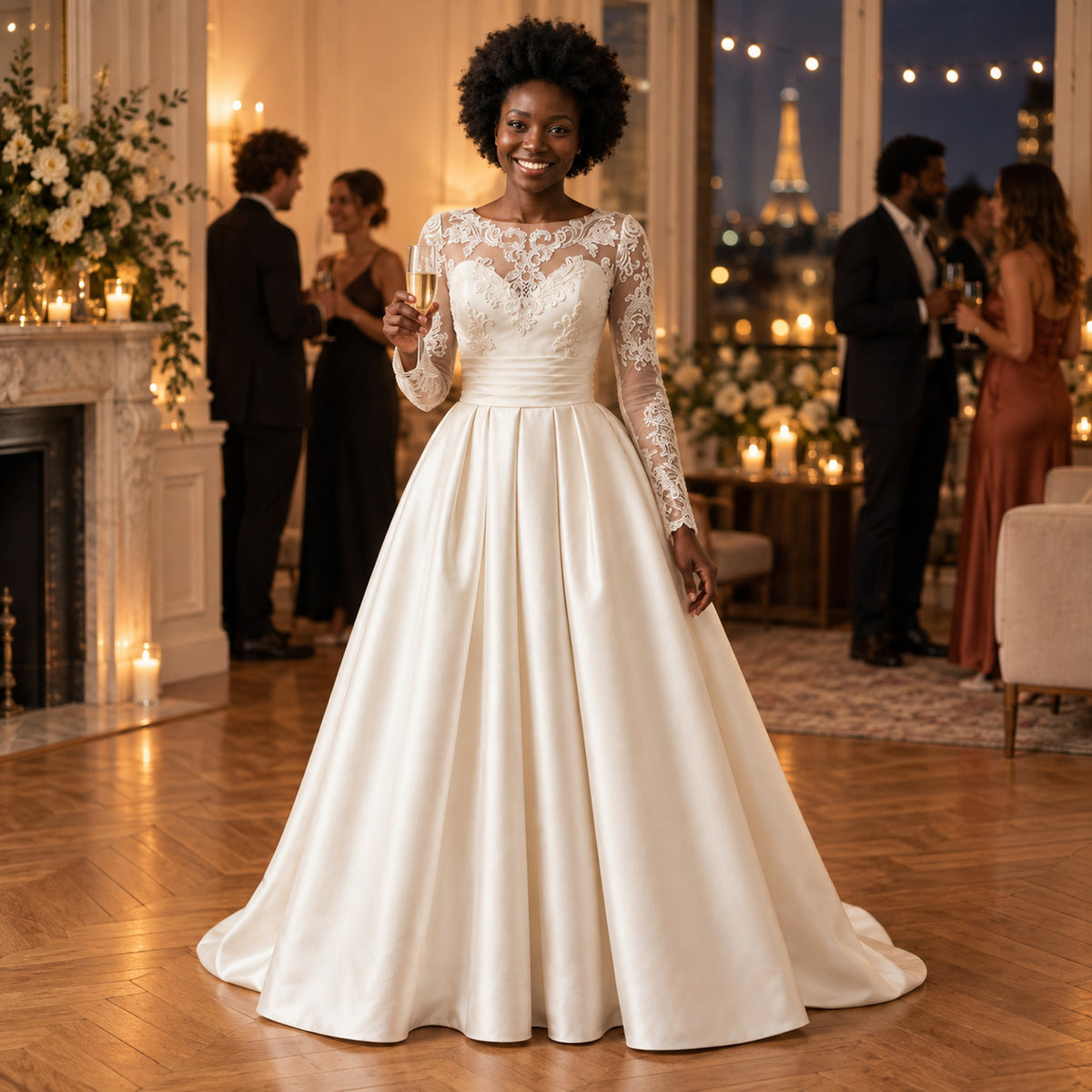 Mariée portant la robe de mariée vintage à manches longues en dentelle, dos nu visible, lors du bal Bild