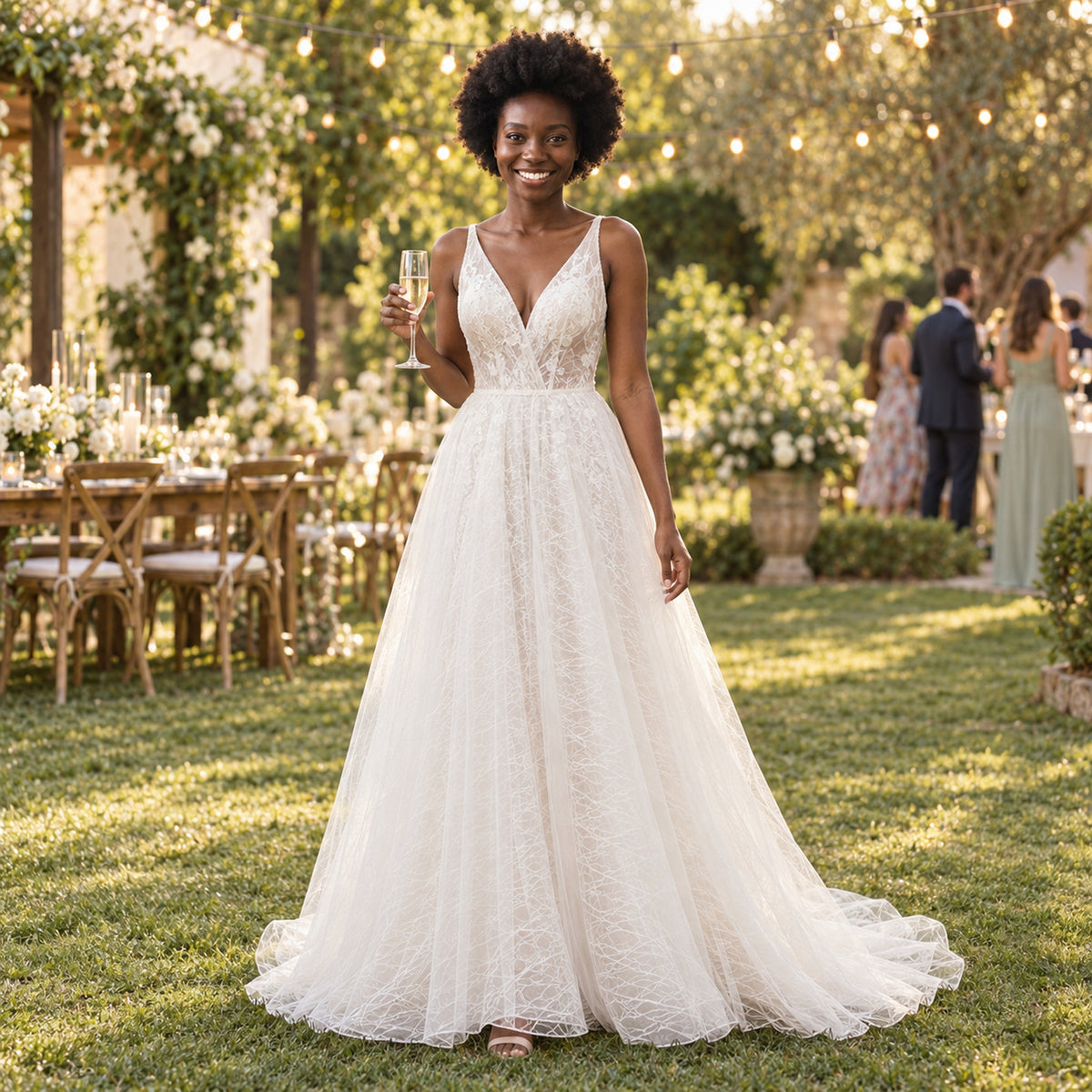 Mariée portant la robe de mariée vintage chic en tulle à dos nu lors d'un mariage d'été dans un jardin Bild