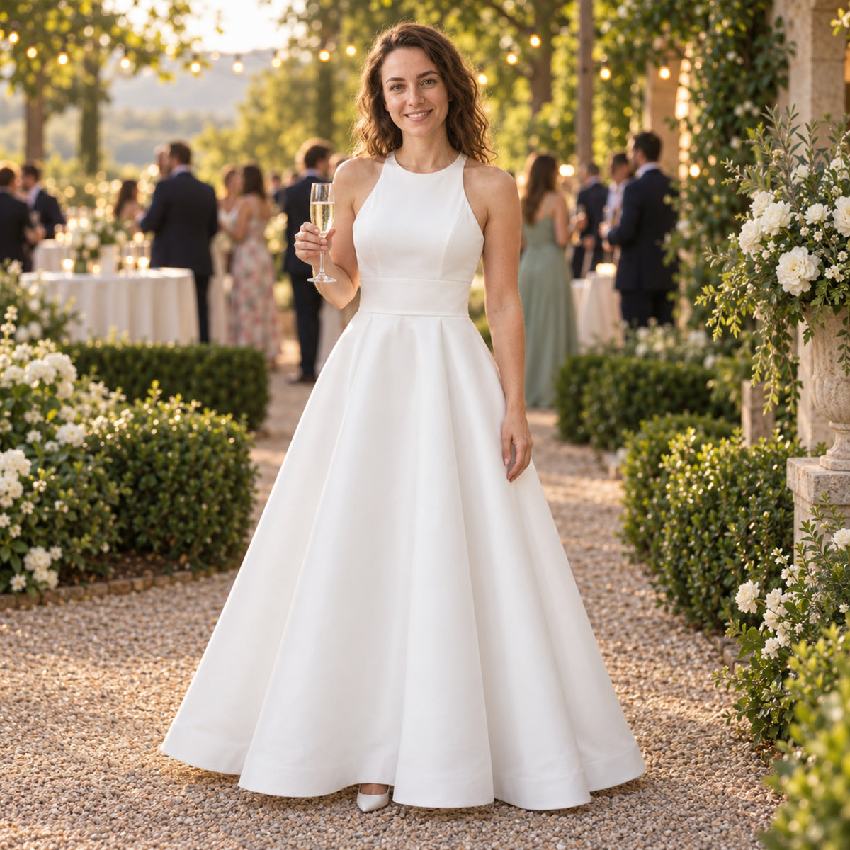 Mariée en robe vintage mi-longue à dos en dentelle lors d'une réception en plein air au jardin Bild