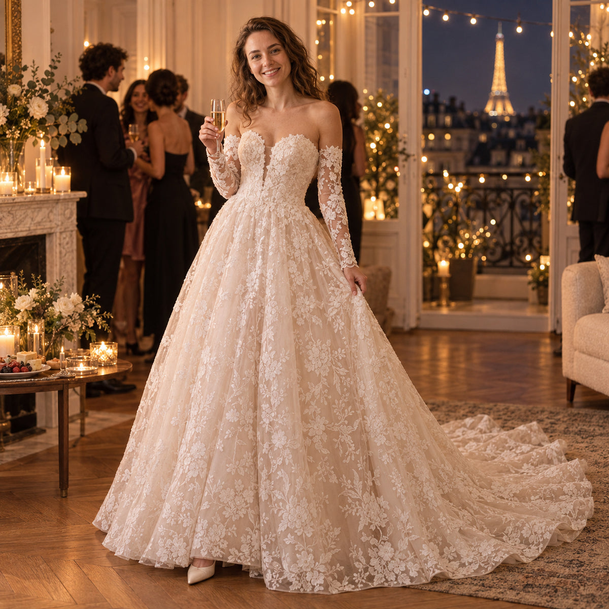 Mariée portant la robe charleston mariage longue effet dentelle à la sortie de la cérémonie Bild
