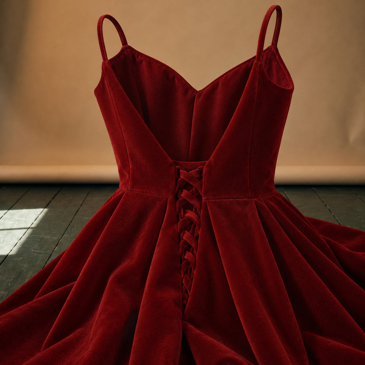 Gros plan sur le velours bourgogne et l'encolure cœur de la robe longue vintage années 50 Bild
