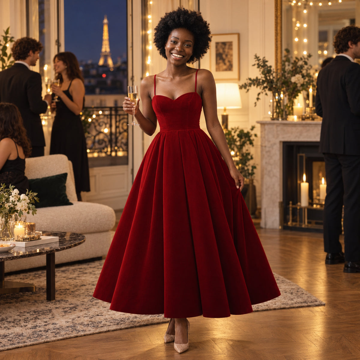 Femme portant la robe longue vintage années 50 en velours bourgogne lors d'une soirée à thème Bild