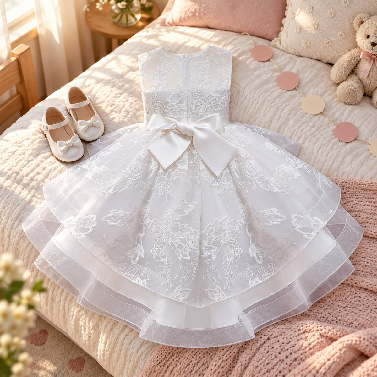 Fillette portant la robe de mariage petite fille style charleston blanche en train de courir dans un jardin de réception Bild