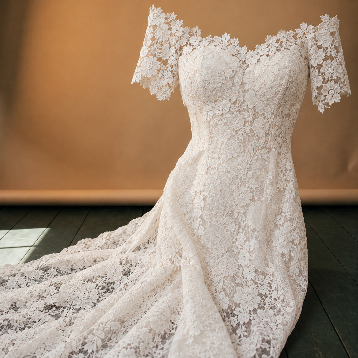 Gros plan sur la dentelle fleurie et les manches courtes de la robe de mariée bohème vintage Bild