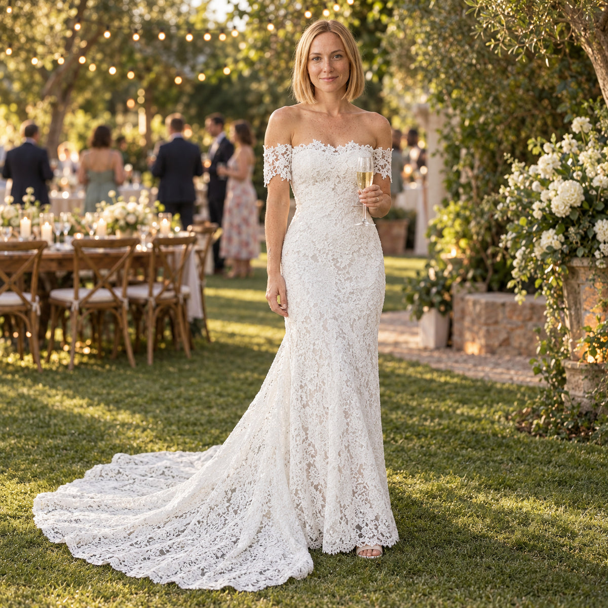 Mariée portant la robe de mariée bohème vintage en dentelle dans un jardin au coucher du soleil Bild