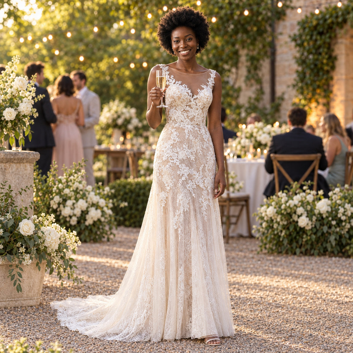 Mariée portant la robe fourreau vintage en dentelle lors d'une réception, debout entre les tables Bild