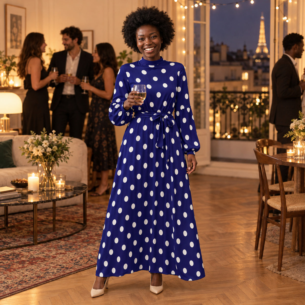 Femme portant la robe maxi années 80 à pois bleus lors d'une soirée à thème entre amis Bild
