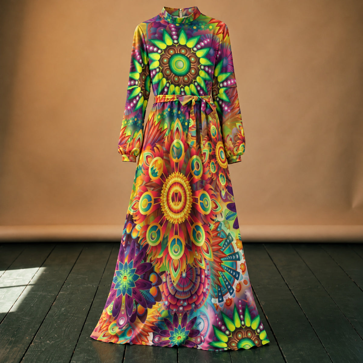 Gros plan sur le polyester léger, le col roulé et la ceinture nouée de la robe maxi vintage années 80 Bild