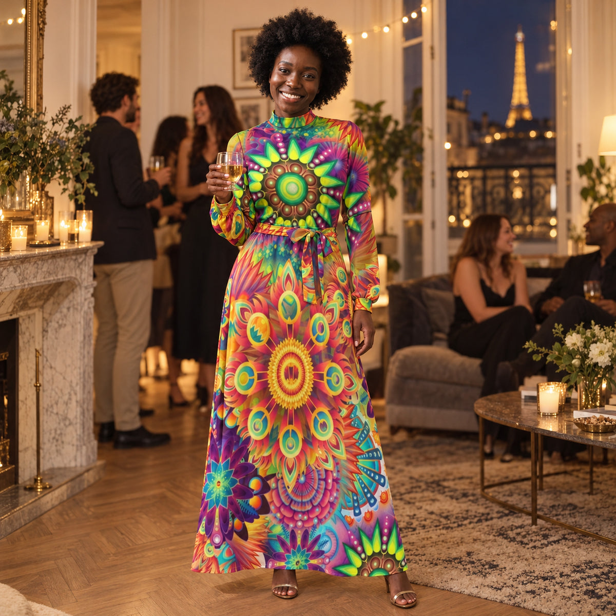 Femme portant la robe maxi vintage années 80 à col roulé lors d'une soirée à thème entre amis Bild