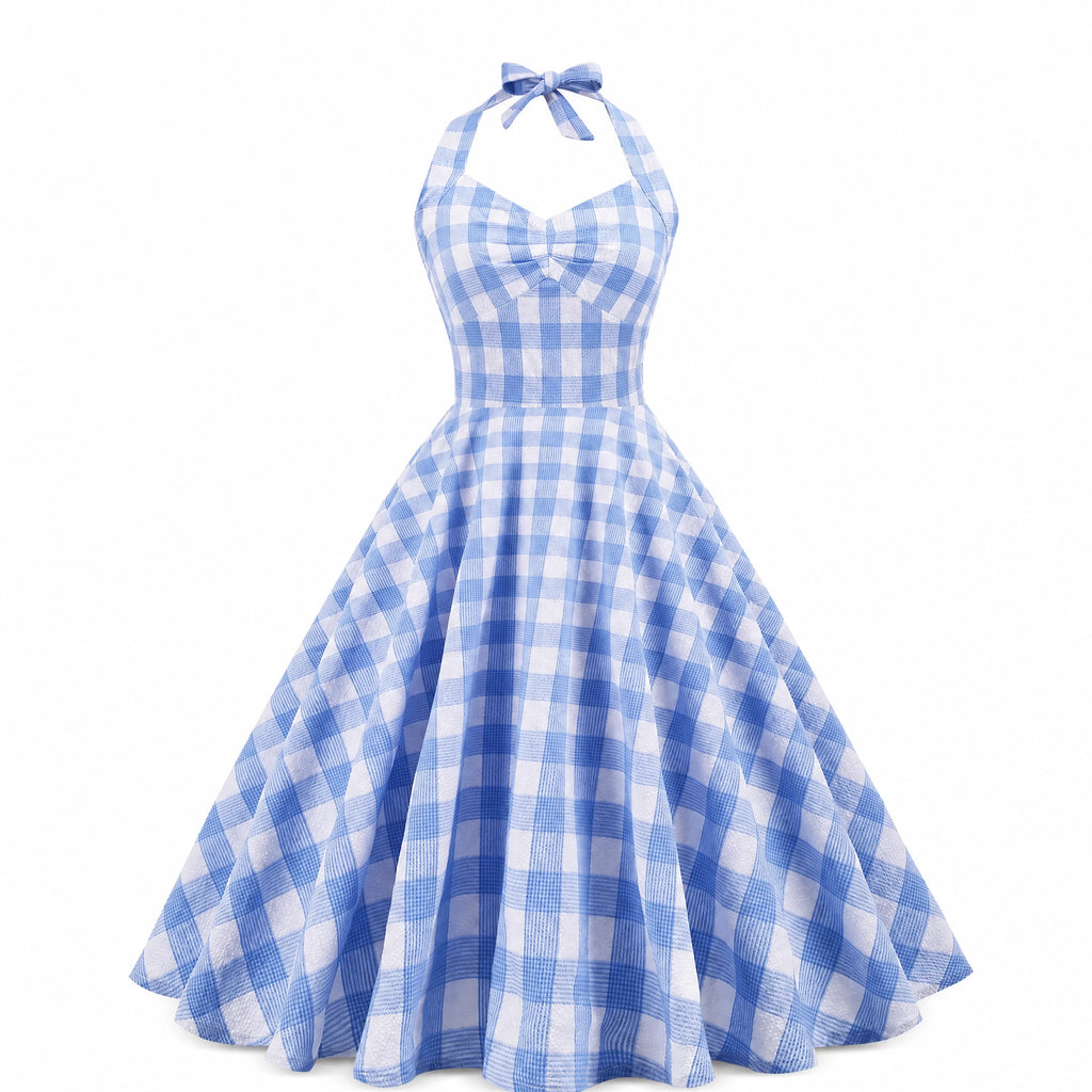 Robe Rétro Dos Nu à Carreaux pour Femme - image principale