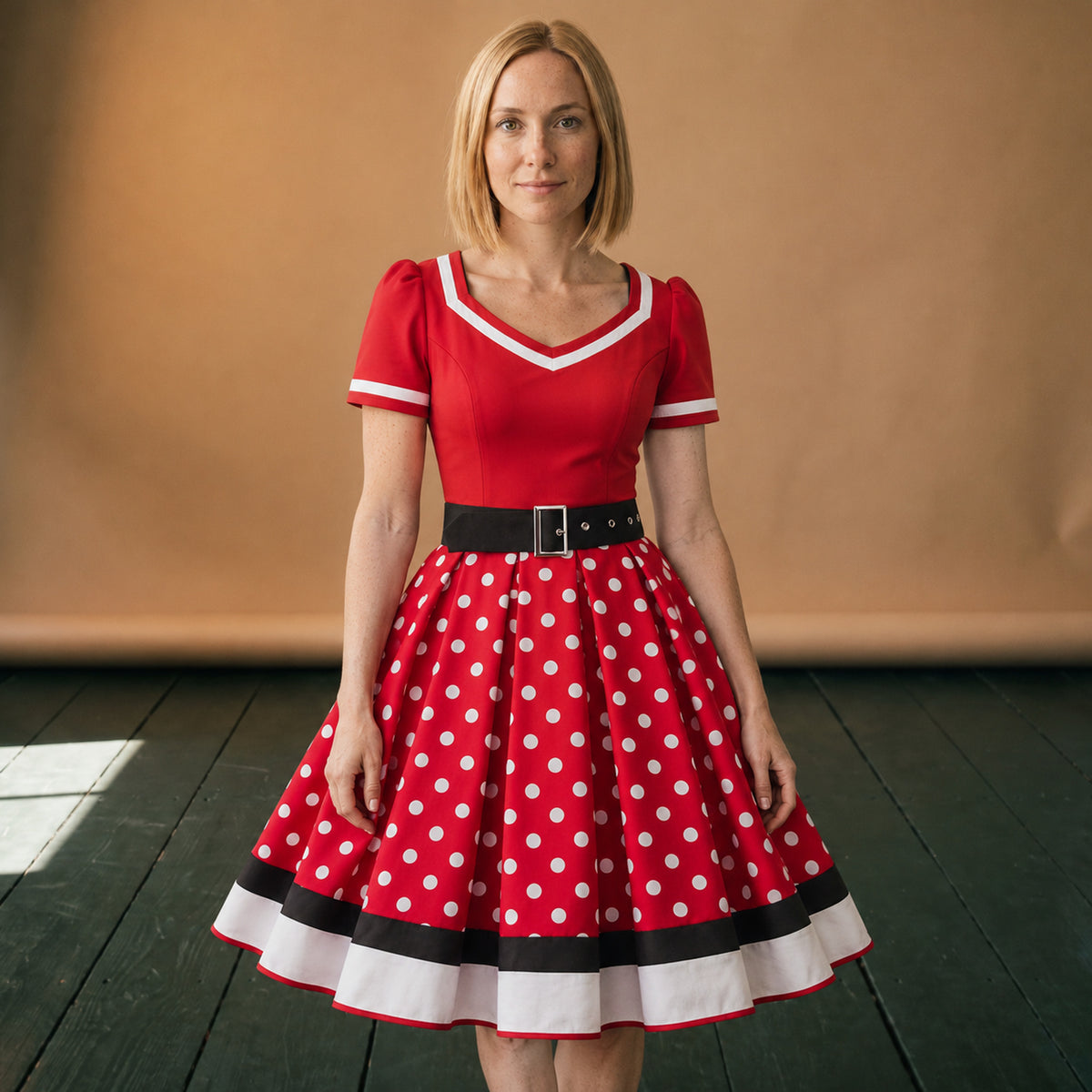 Robe rétro vintage années 50 rouge à pois blancs portée en studio, col V et jupe plissée Bild