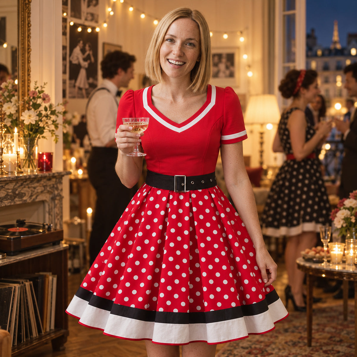 Femme portant la robe rétro vintage années 50 à pois lors d'une soirée rockabilly entre amis Bild