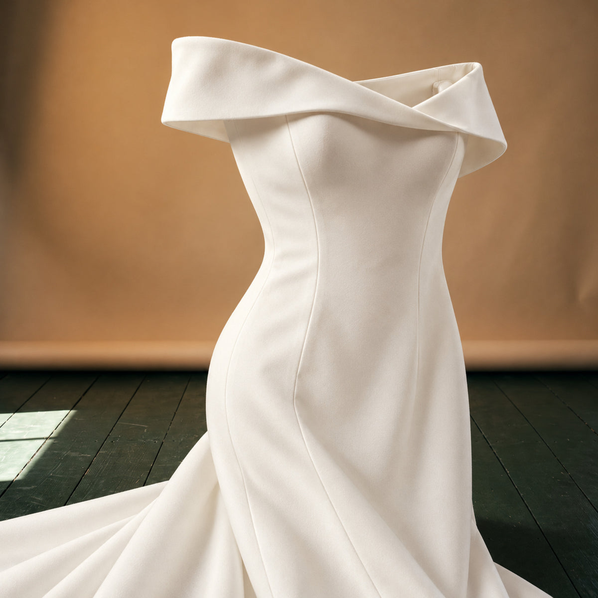 Gros plan sur le bandeau d'épaules et le tissu blanc uni de la robe style charleston pour mariage sirène Bild