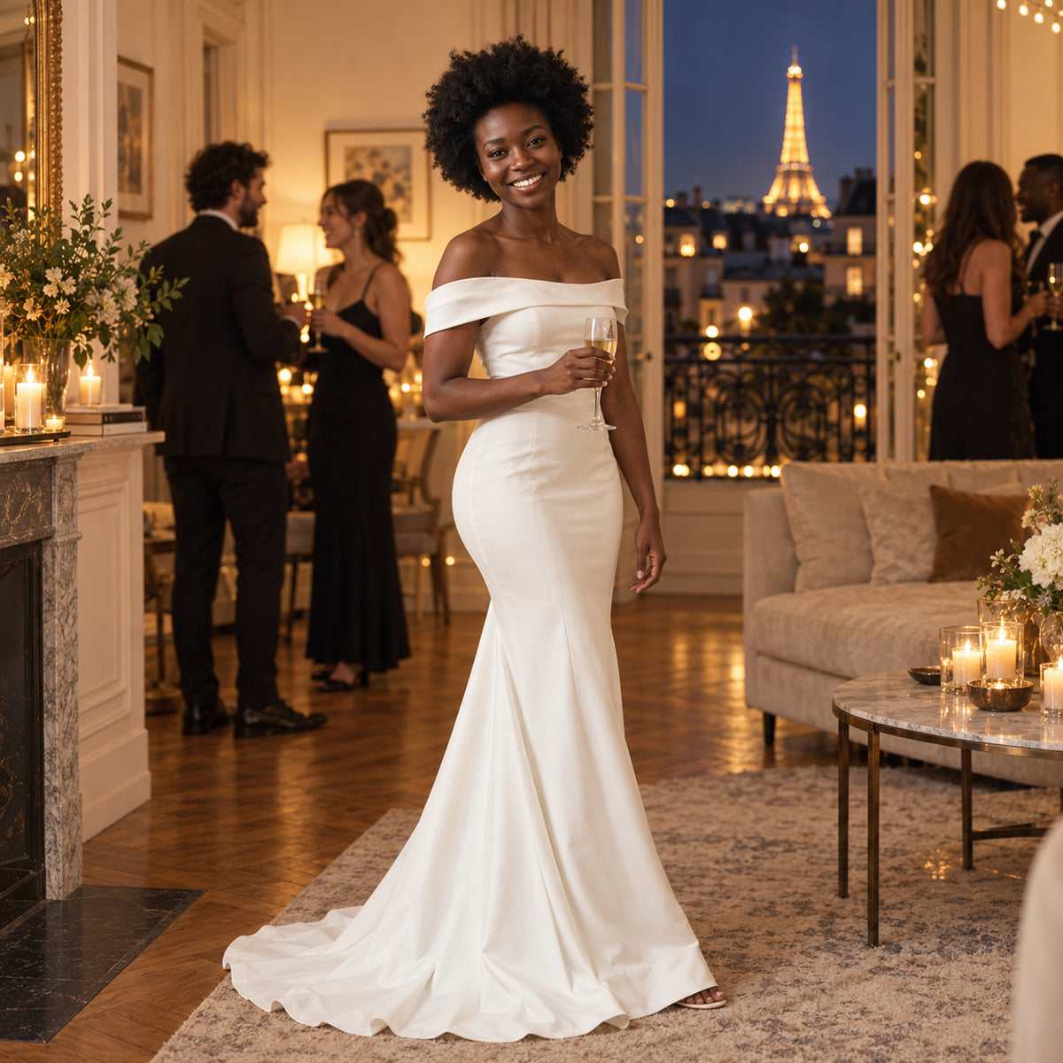 Mariée portant la robe style charleston blanche à coupe sirène sur une plage, traîne relevée d'une main Bild
