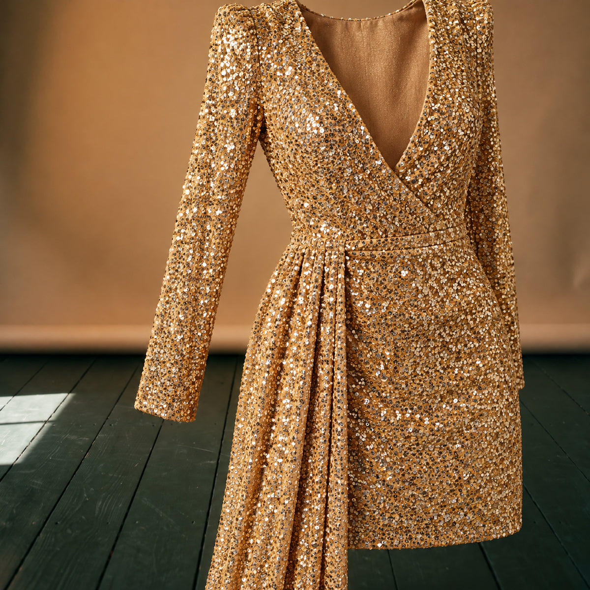 Gros plan sur les sequins dorés et la manche longue de la robe charleston chic courte Bild