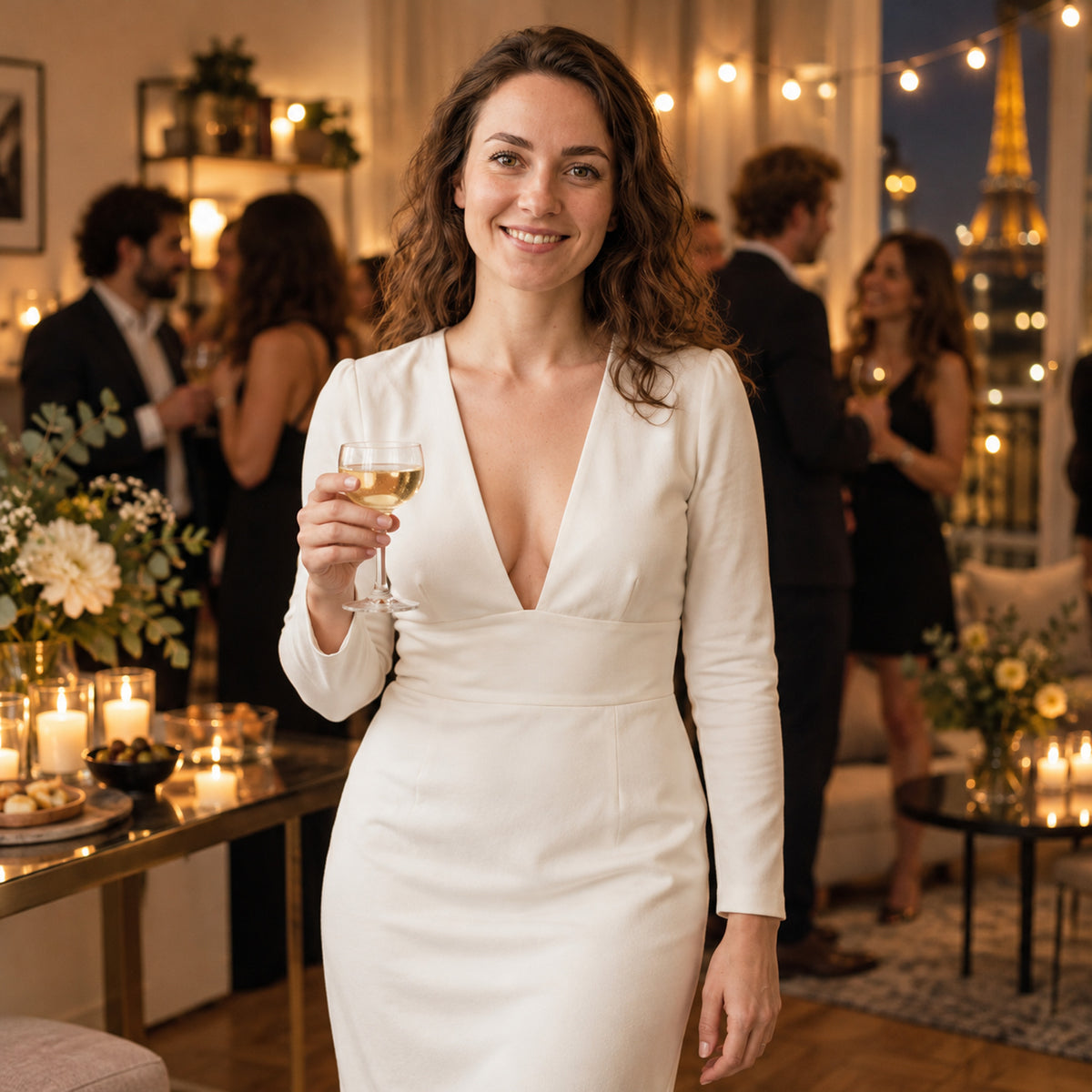 Mariée portant la robe de mariage vintage années 50 en satin lors de la soirée, au milieu des invités Bild