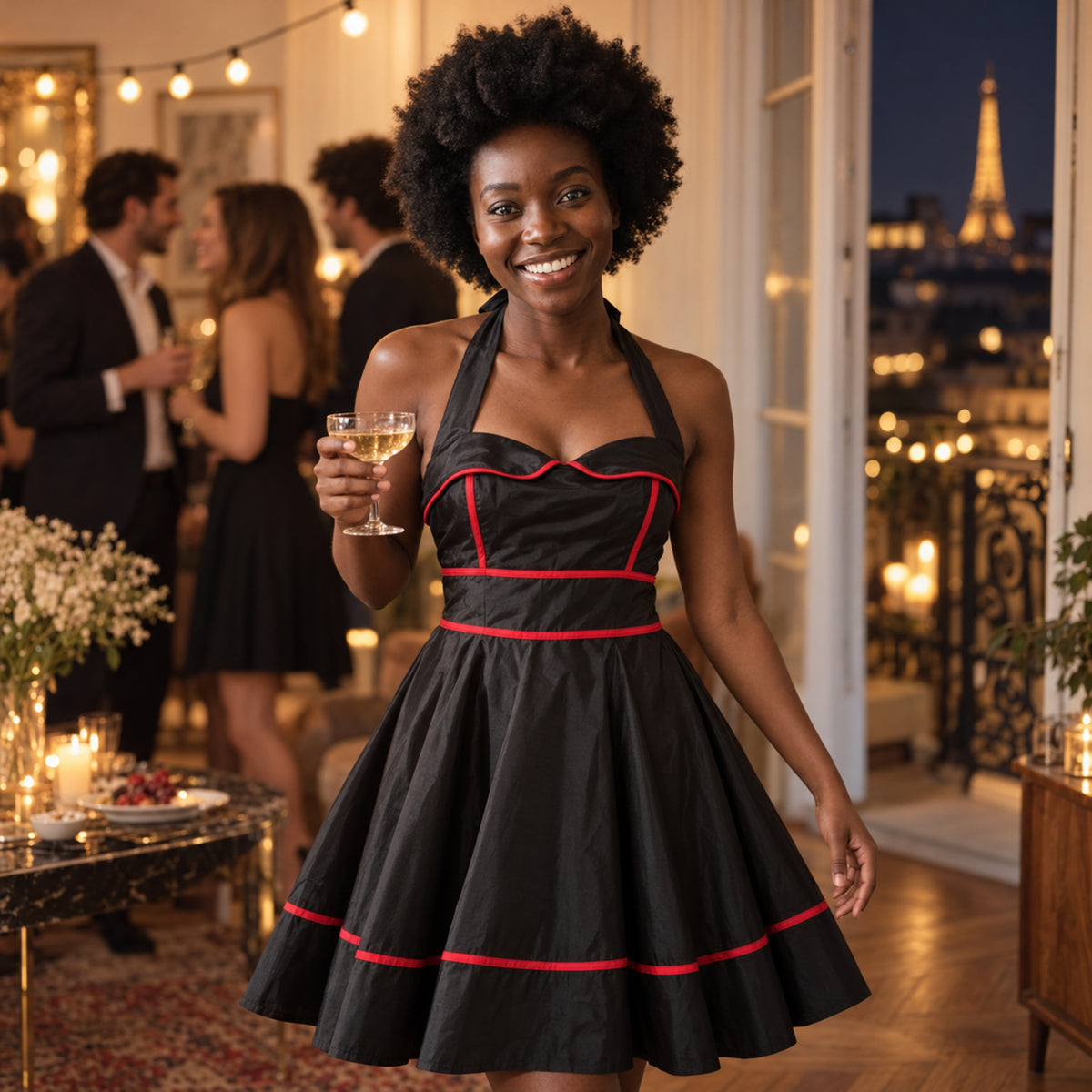 Femme portant la robe vintage années 50 rockabilly noire à liseré rouge en train de danser un rock en soirée Bild