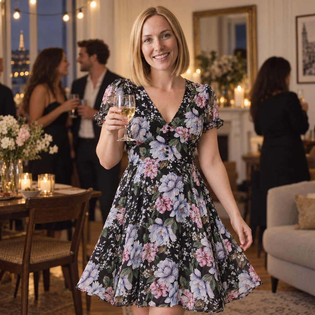 Femme portant la robe vintage années 50 fleurie noire lors d'une soirée à thème entre amis Bild