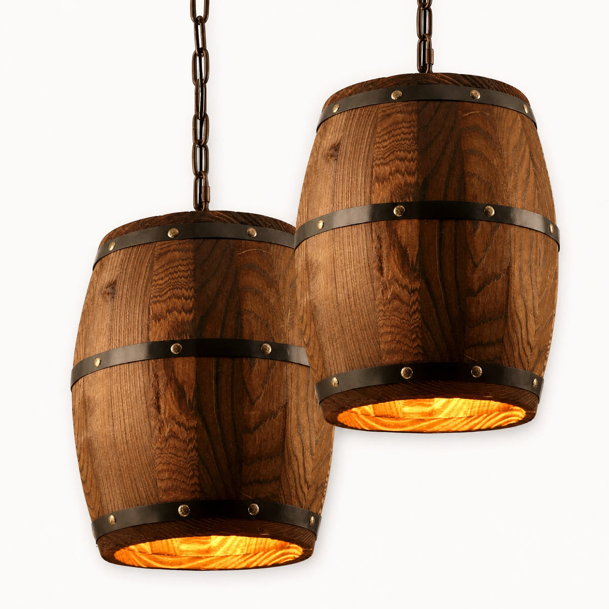 Suspension en bois forme tonneau avec cerclages métal - image principale