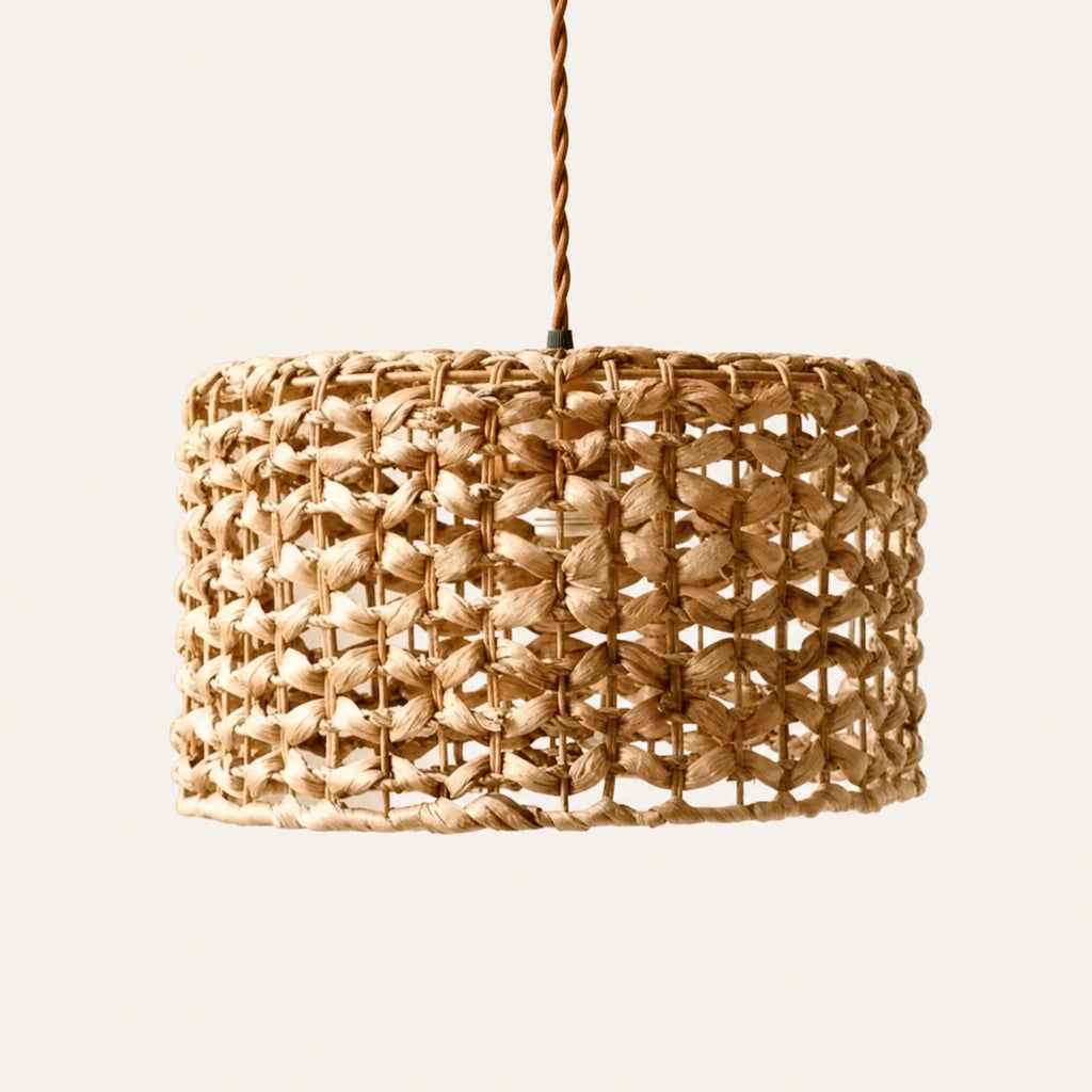 Suspension en rotin tressé cylindrique beige naturel - image principale