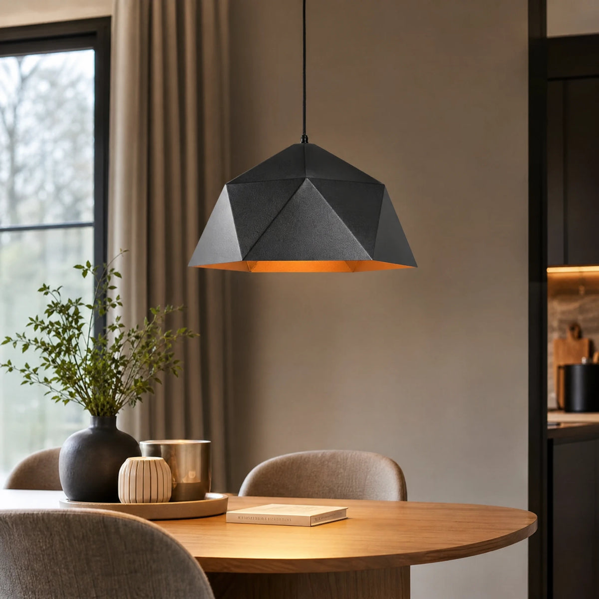 Suspension Géométrique Noire Intérieur Orangé 25cm - OBJETS VARIES