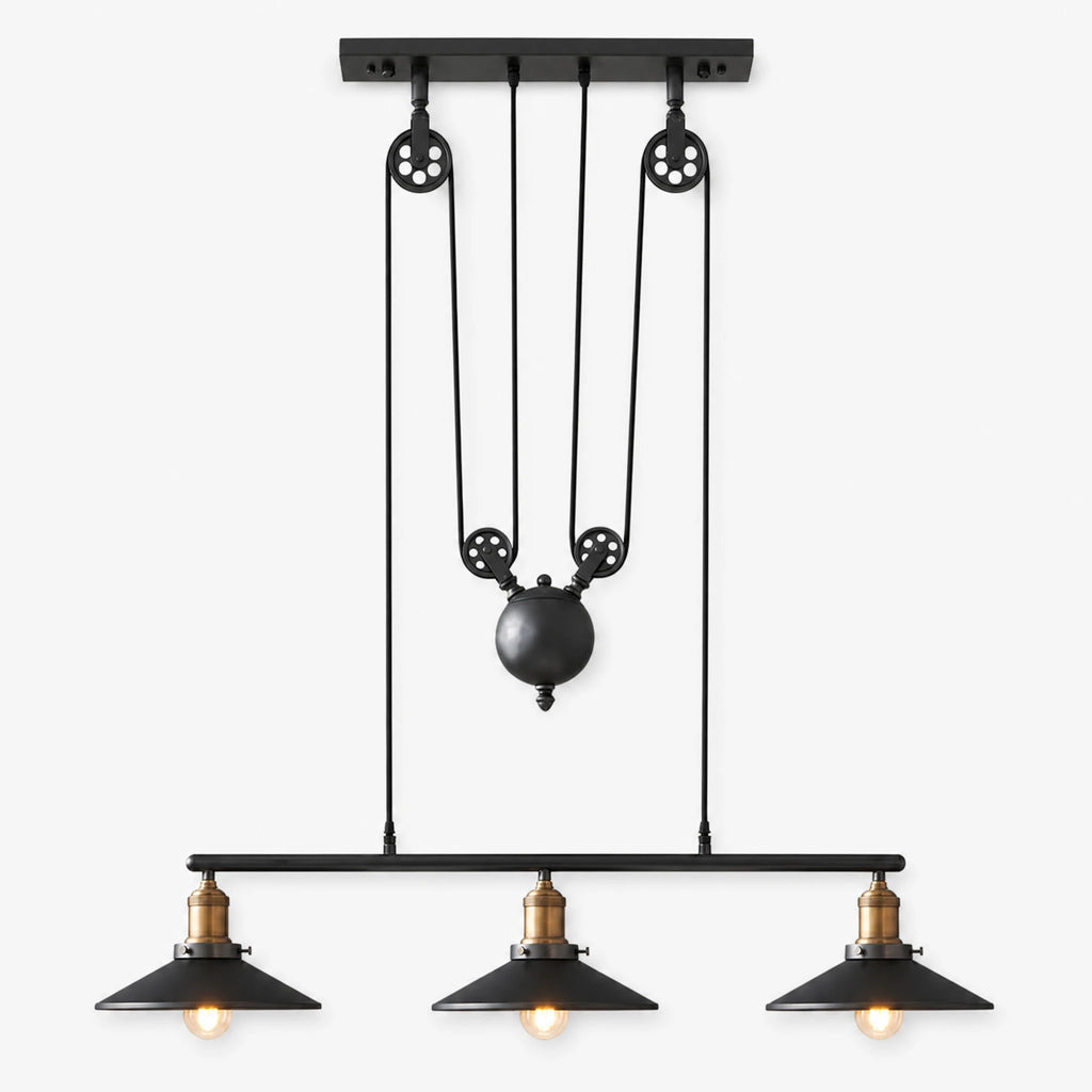 Suspension Industrielle Rétro à Poulies et Abat-jours Noirs - image principale