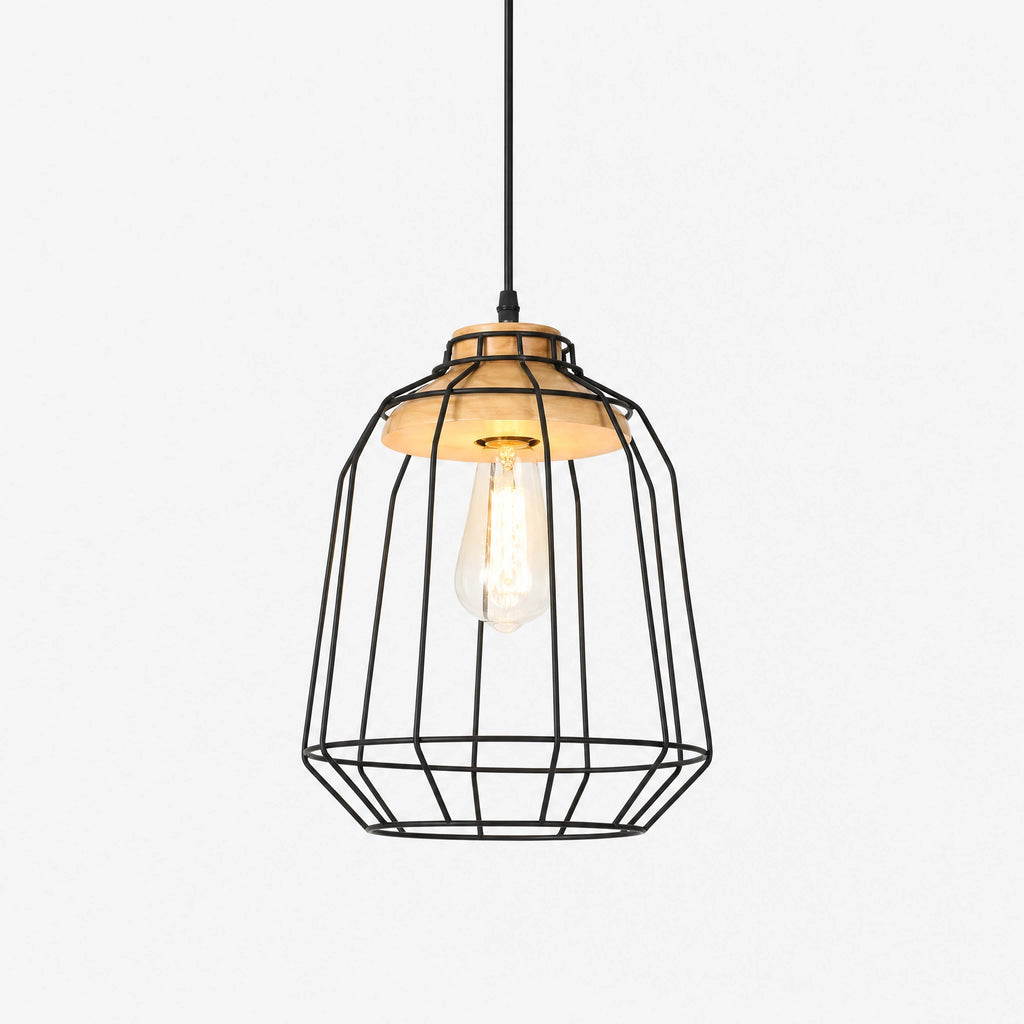 Suspension luminaire cage métal et bois industrielle - image principale