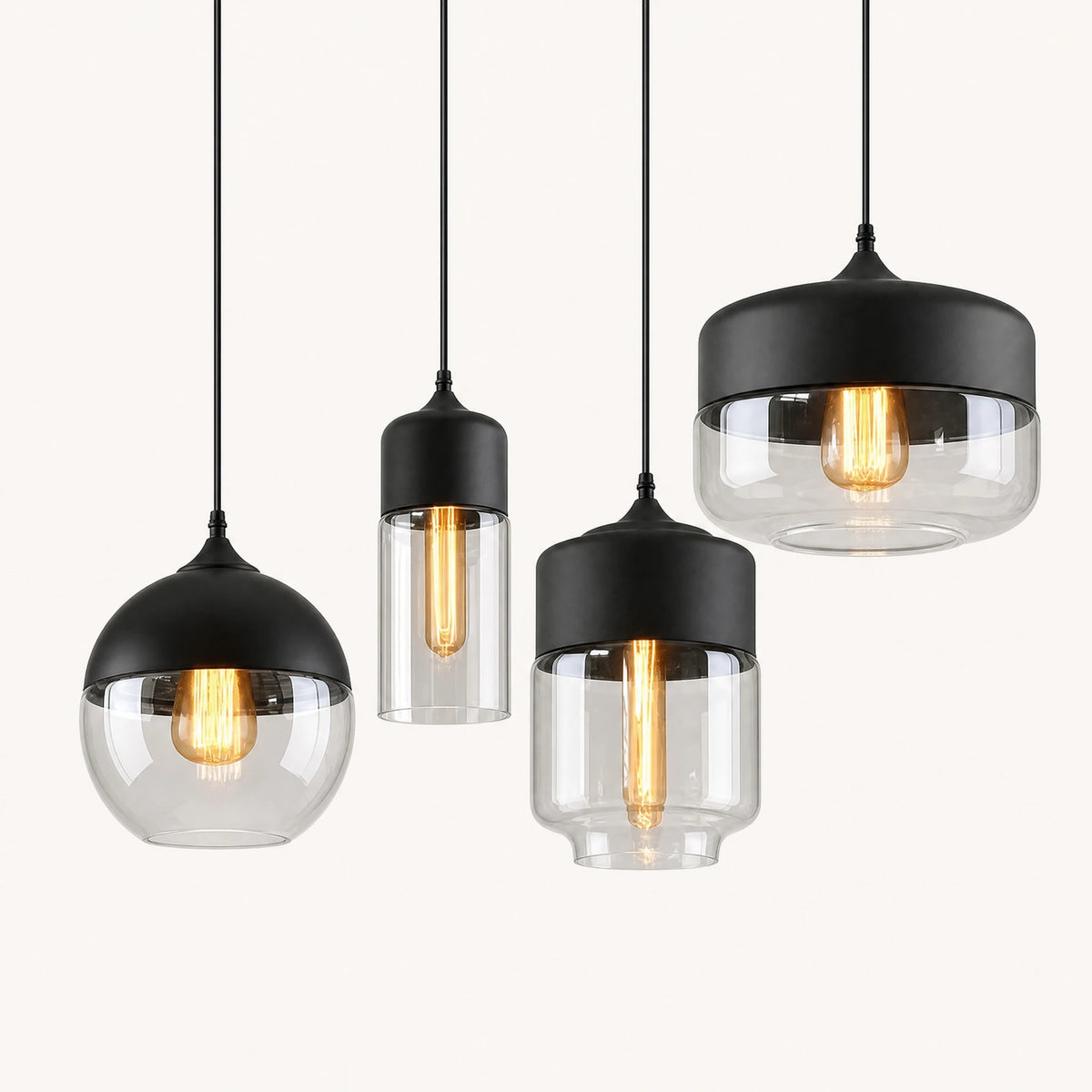 Suspension Verre Industrielle Noire avec Globe Transparent - image principale