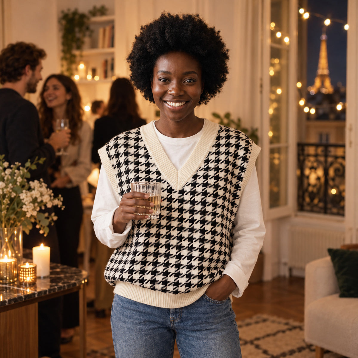 Femme portant le sweat vintage sans manches pied-de-poule sur une chemise blanche en terrasse de café Bild