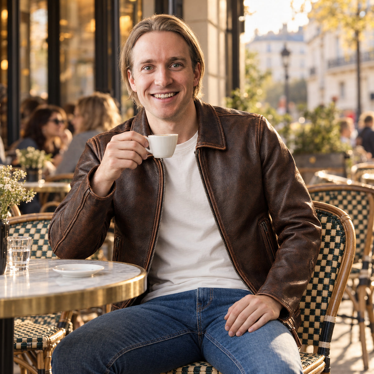 Homme en veste vintage marron effet cuir assis à une terrasse de café parisienne, fin d'après-midi Bild