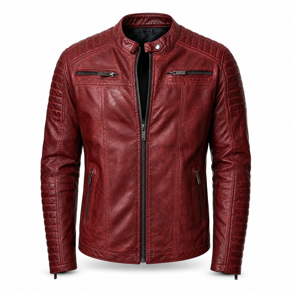 Veste de motard en cuir à fermeture éclair et col montant vintage - image principale