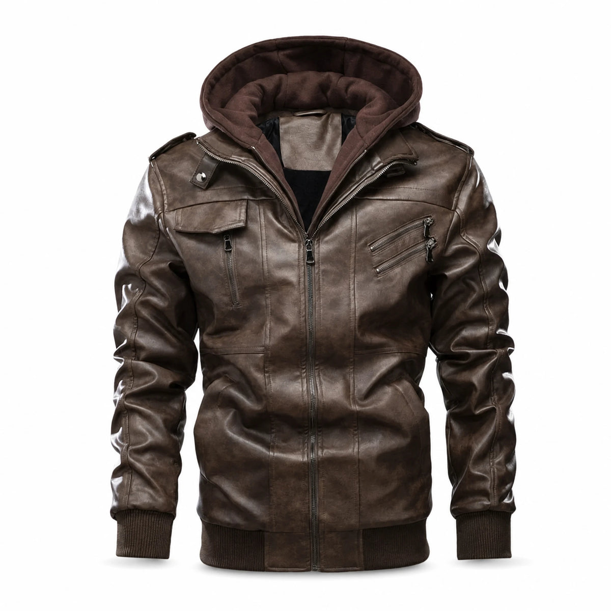 Veste en cuir vintage multi-poches à capuche pour homme - image principale