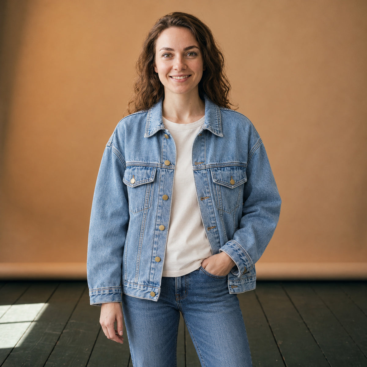 Veste en jean ample vintage délavée bleu clair portée en studio par une femme, vue de face Bild