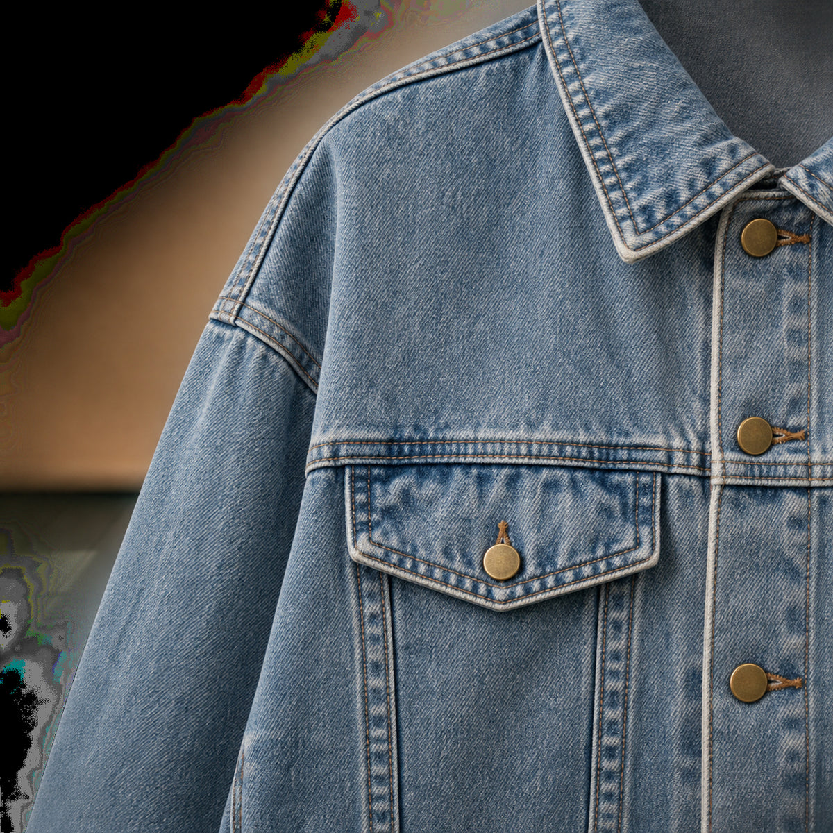 Gros plan sur le délavage bleu clair, le col et les boutons de la veste en jean vintage Bild