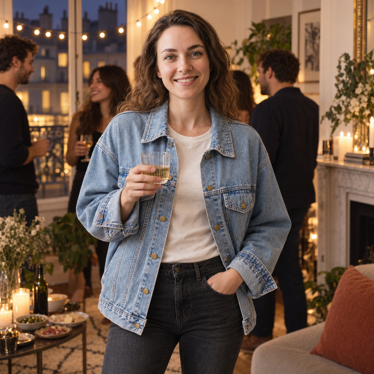 Femme en veste en jean vintage délavée lors d'une soirée entre amis dans un appartement chaleureux Bild