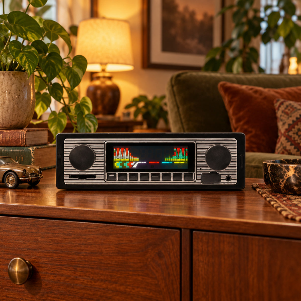 Autoradio vintage bluetooth à façade chromée installé et allumé dans le tableau de bord d'une voiture Bild