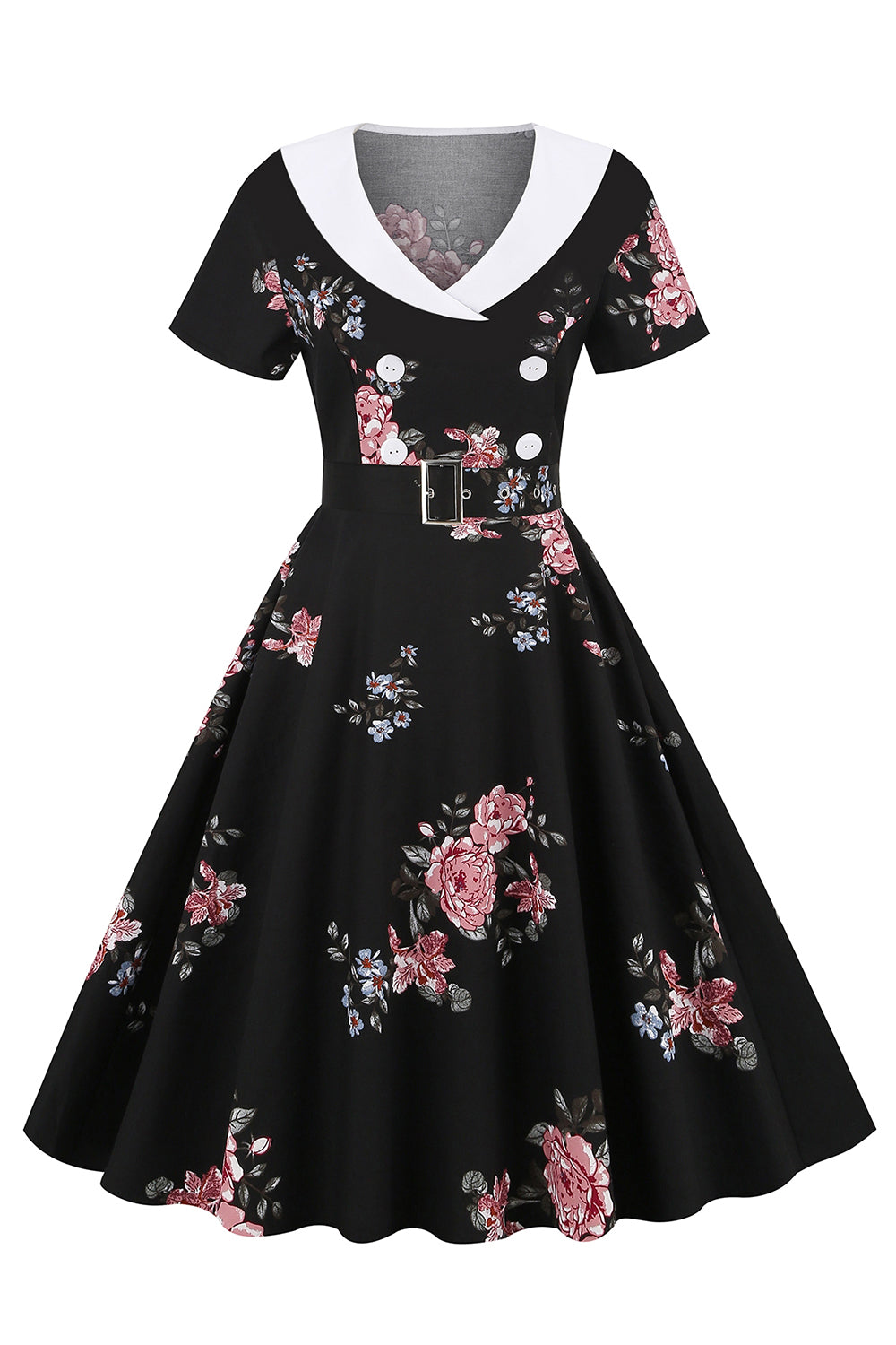 robe-annee-80-imprimee-florale-noire-avec-ceinture