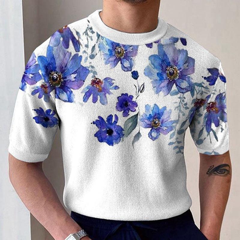 t-shirt-tricot-manches-courtes-imprime-fleuri-vintage